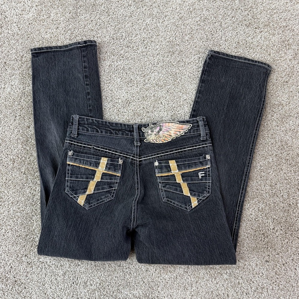 Vintage FUBU Straight Jeans Girls 10 Charcoal Wash Black Embroidered Denim